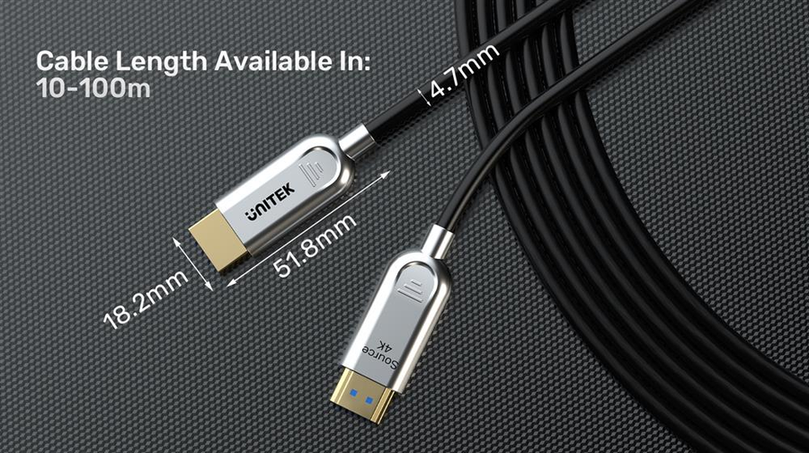 Unitek C11092A-50M - 50m HDMI 4K Fibre Optic 2.0 Cable w/ 24K Gold-plated Connectors. Supports HDR ARC