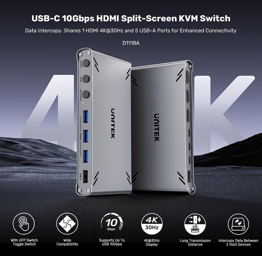 Unitek D1118A - USB-C 10Gbps HDMI Split Screen KVM Switch. 1 HDMI 4K@30 & 5 USB-A Ports