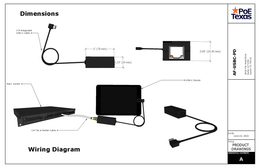 POE Texas PT-AF-USBC-PD - PoE to USB-C Power Delivery and 10/100 Data Combined