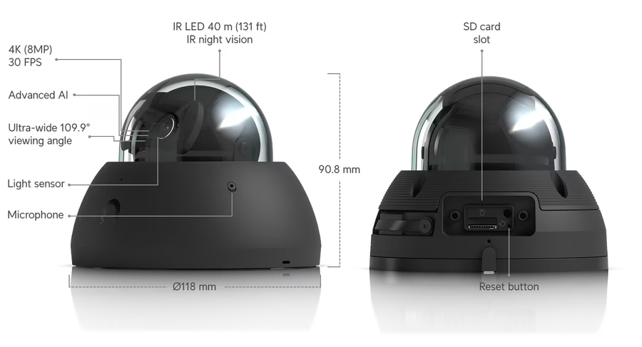Ubiquiti UVC-AI-Dome-B - UniFi Protect AI Dome 4K Vandal-Proof Dome Camera with Enhanced AI - Black