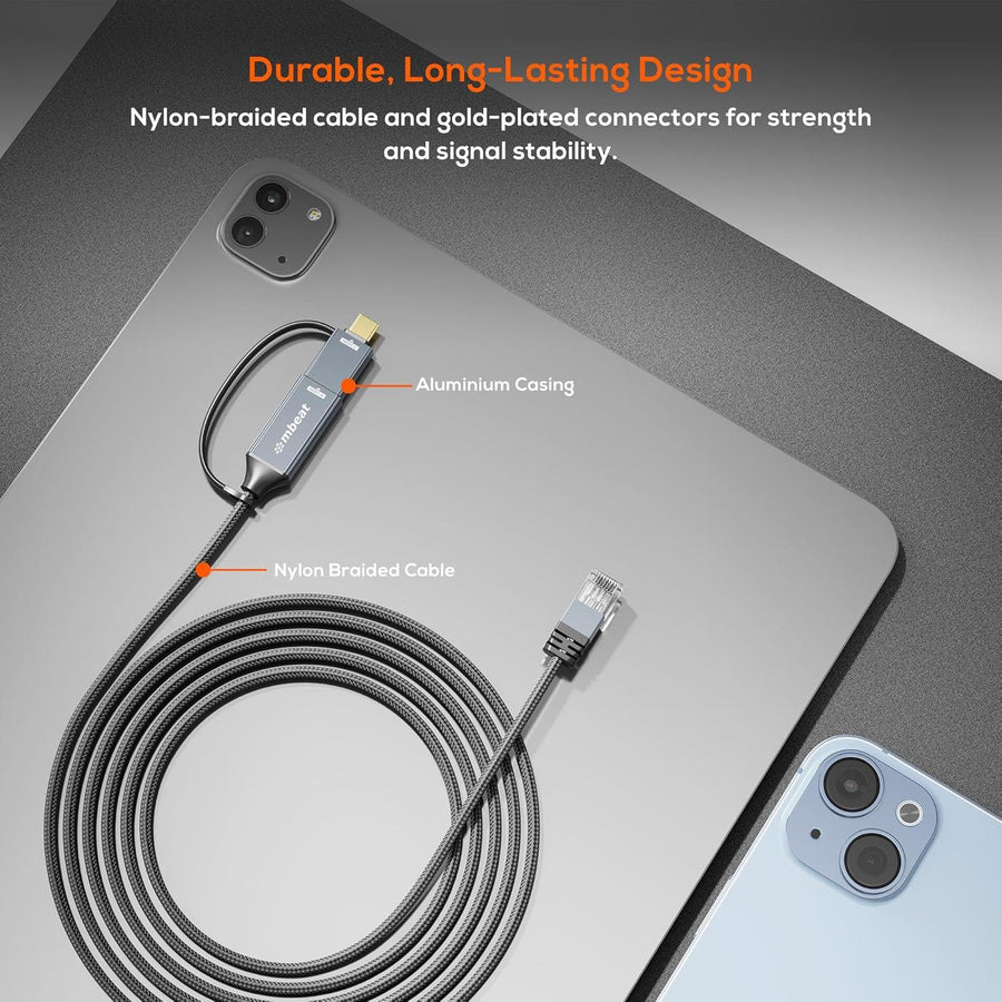 MB-XCB-UCN30 - mbeat Tough Link 3m USB & USB-C to RJ45 Ethernet Cable - Space Grey