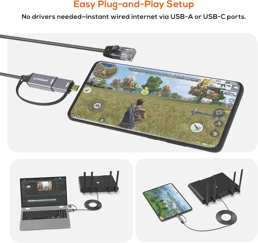 MB-XCB-UCN30 - mbeat Tough Link 3m USB & USB-C to RJ45 Ethernet Cable - Space Grey
