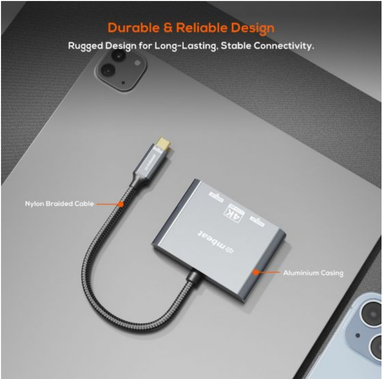 MB-XAD-C2HDM - mbeat Tough Link USB-C to Dual 4K/60Hz HDMI MST Adapter - Space Grey