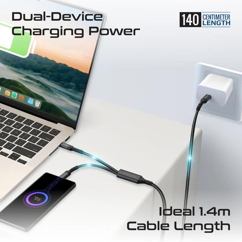Promate POWERLINK-3C-BLK - 1.4M 140W PD USB-C to Dual USB-C Charging Cable. Black