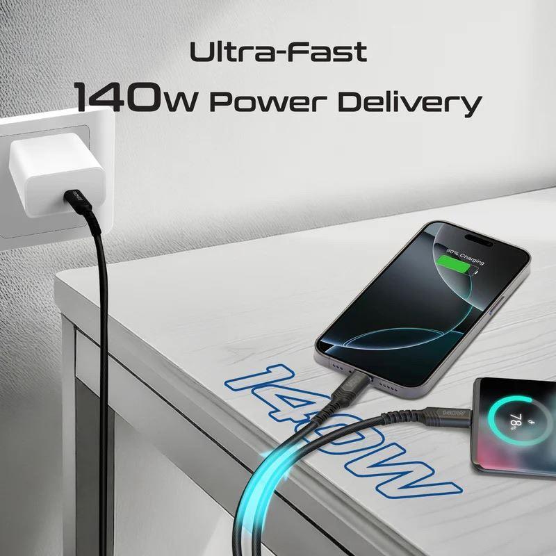 Promate POWERLINK-3C-BLK - 1.4M 140W PD USB-C to Dual USB-C Charging Cable. Black