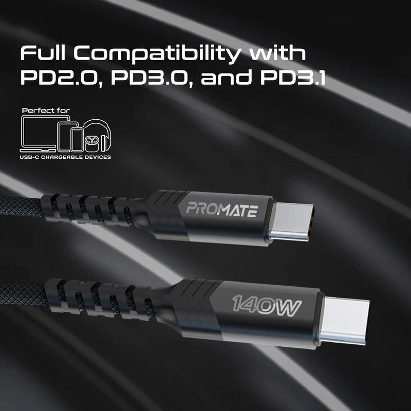Promate POWERLINK-3C-BLK - 1.4M 140W PD USB-C to Dual USB-C Charging Cable. Black