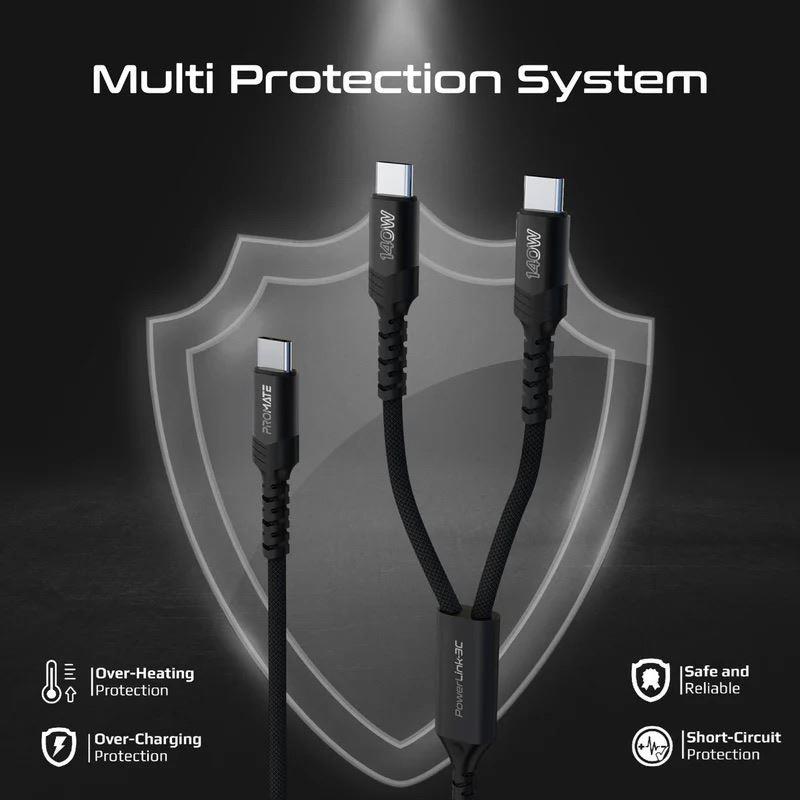 Promate POWERLINK-3C-BLK - 1.4M 140W PD USB-C to Dual USB-C Charging Cable. Black