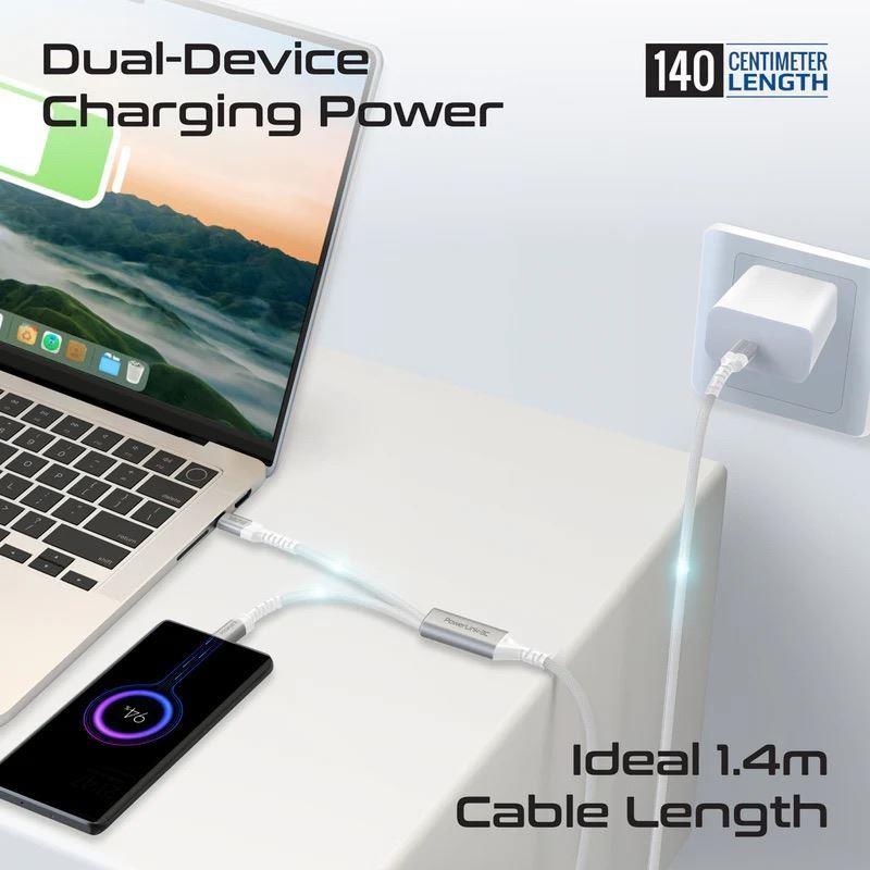 Promate POWERLINK-3C-WHT - 1.4M 140W PD USB-C to Dual USB-C Charging Cable. White