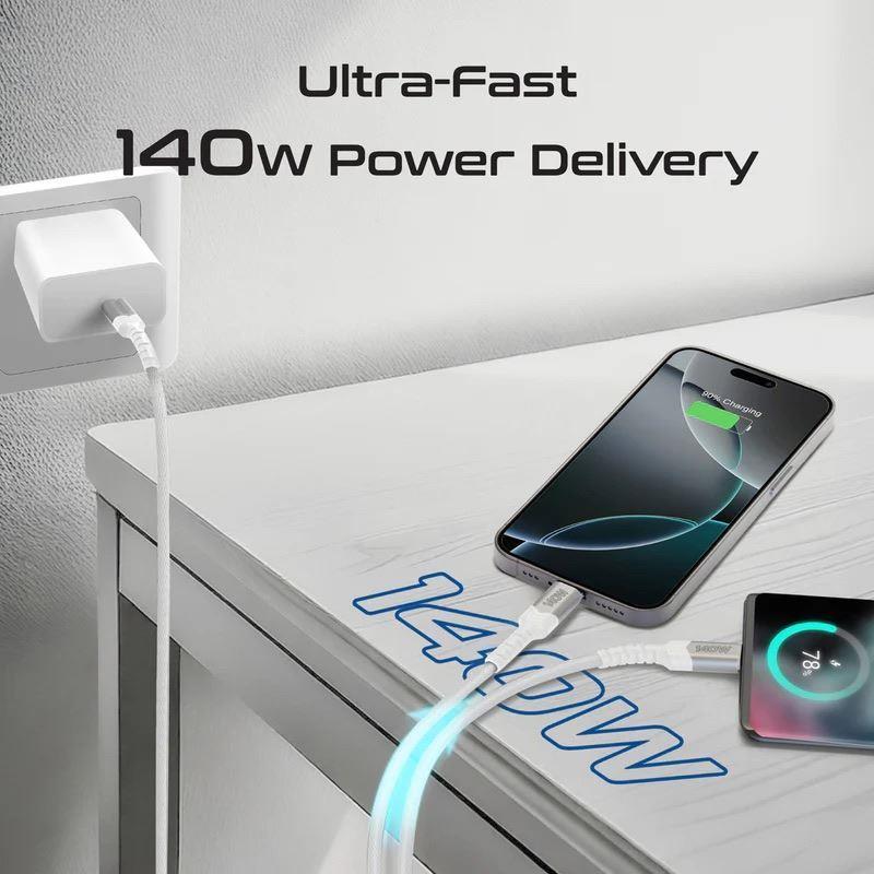 Promate POWERLINK-3C-WHT - 1.4M 140W PD USB-C to Dual USB-C Charging Cable. White