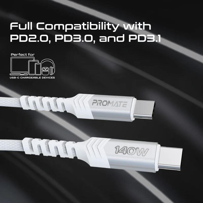Promate POWERLINK-3C-WHT - 1.4M 140W PD USB-C to Dual USB-C Charging Cable. White