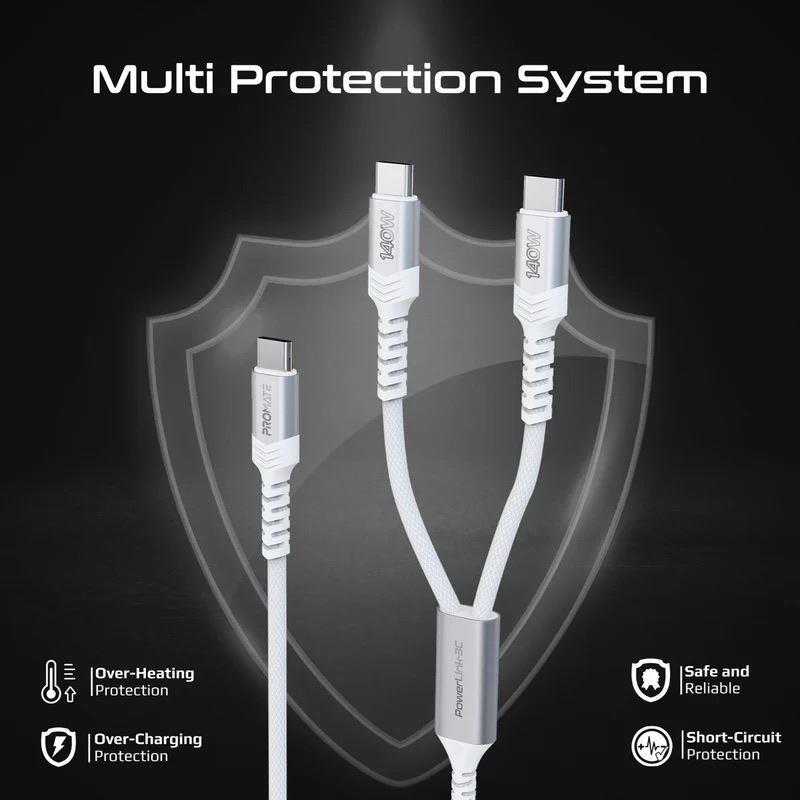 Promate POWERLINK-3C-WHT - 1.4M 140W PD USB-C to Dual USB-C Charging Cable. White
