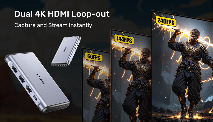 Unitek V1177A - Dual 4K HDMI Video Capture Card w/ Loop-out. Capture & Stream Instantly.