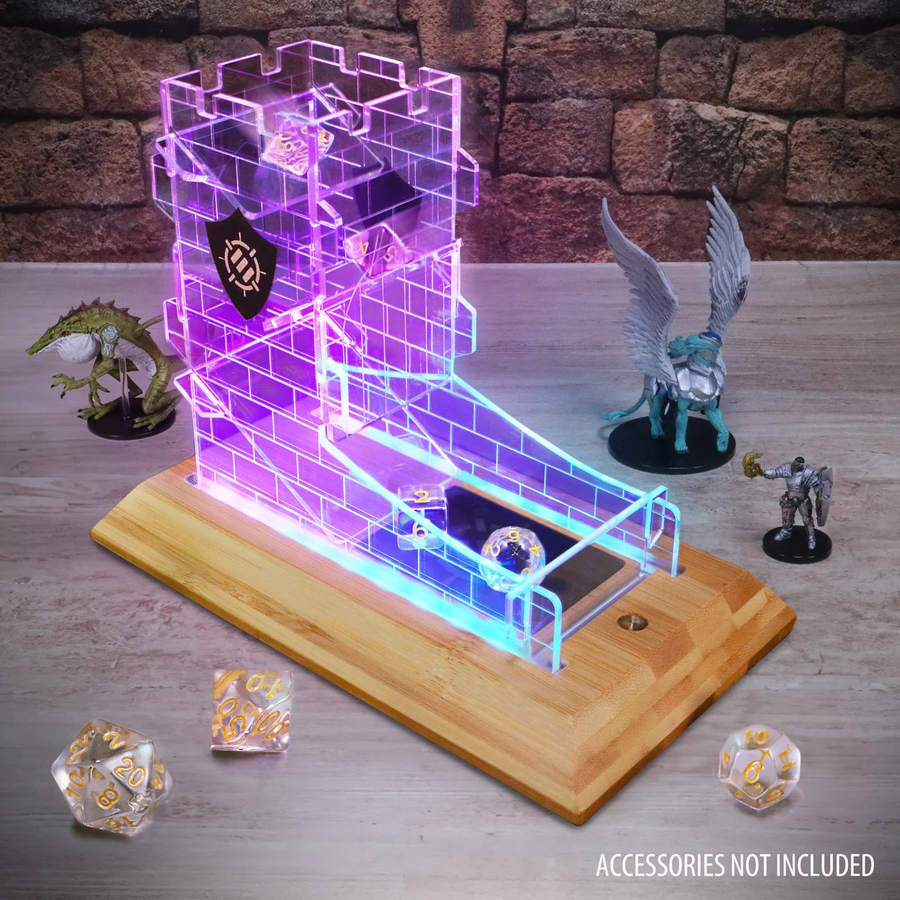 ENTTADL100CLEW - Verbesserter LED-Würfelturm für den Tisch und 7-teiliges transparentes Würfelset