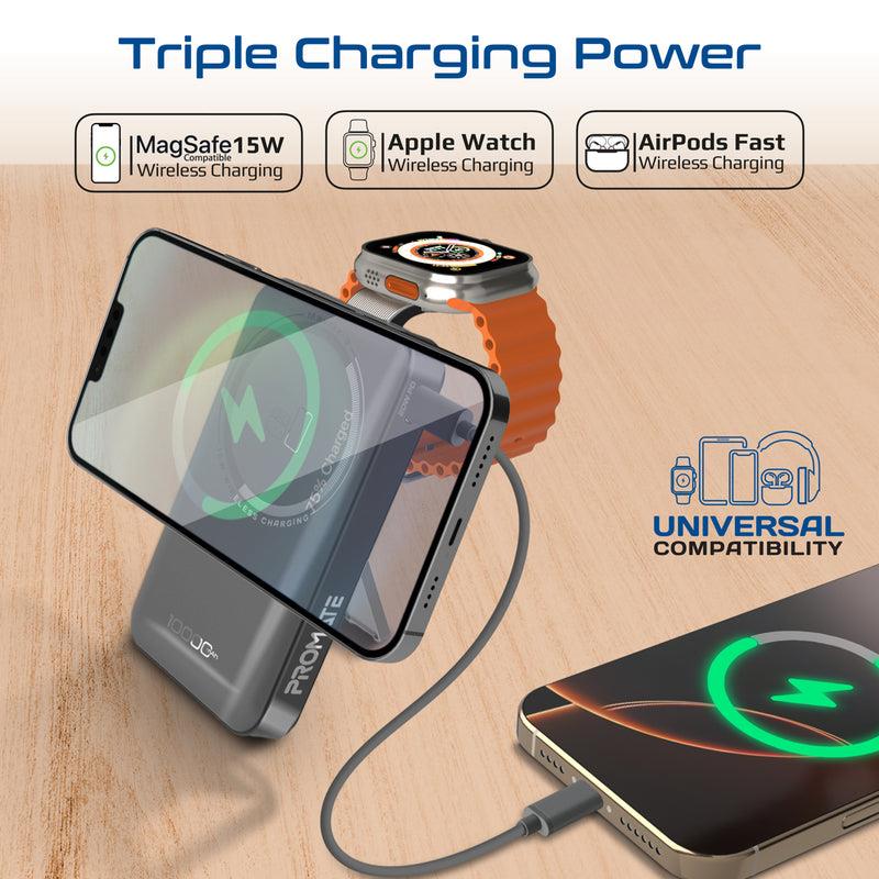 Promate MAVRIX-3 - 10000mAh 3-in-1 Smartphone & Apple Watch Charging PowerBank w Dual USB-C & Lightning Cable