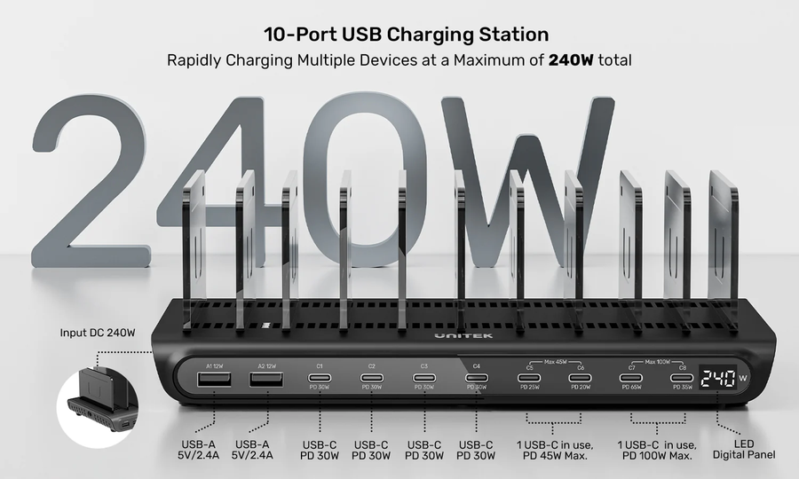 Unitek P1230C - Charge 10-Port 240W Smart Charging Station. Supports 8x USB-C & 2x USB-A