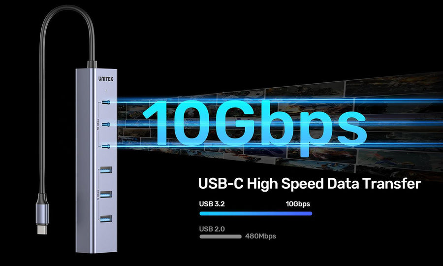 H1335A - UNITEK 7-in-1 Multi-Port Hub with USB-C Connector. Includes 4x USB-A & 3x USB-C Ports. Supports 10Gbps Transfer, Fast Charging, Slim Aluminium Design.