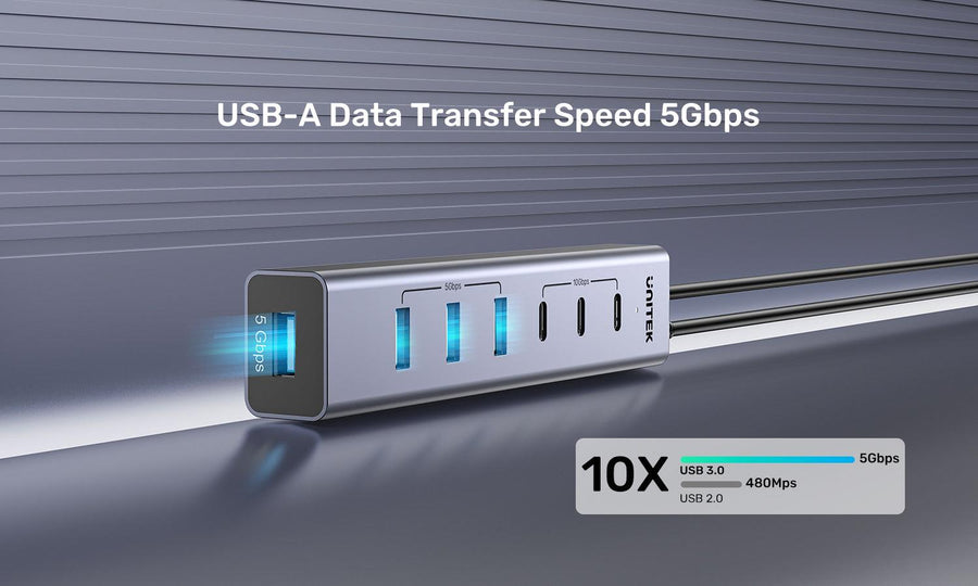 H1335A - UNITEK 7-in-1 Multi-Port Hub with USB-C Connector. Includes 4x USB-A & 3x USB-C Ports. Supports 10Gbps Transfer, Fast Charging, Slim Aluminium Design.