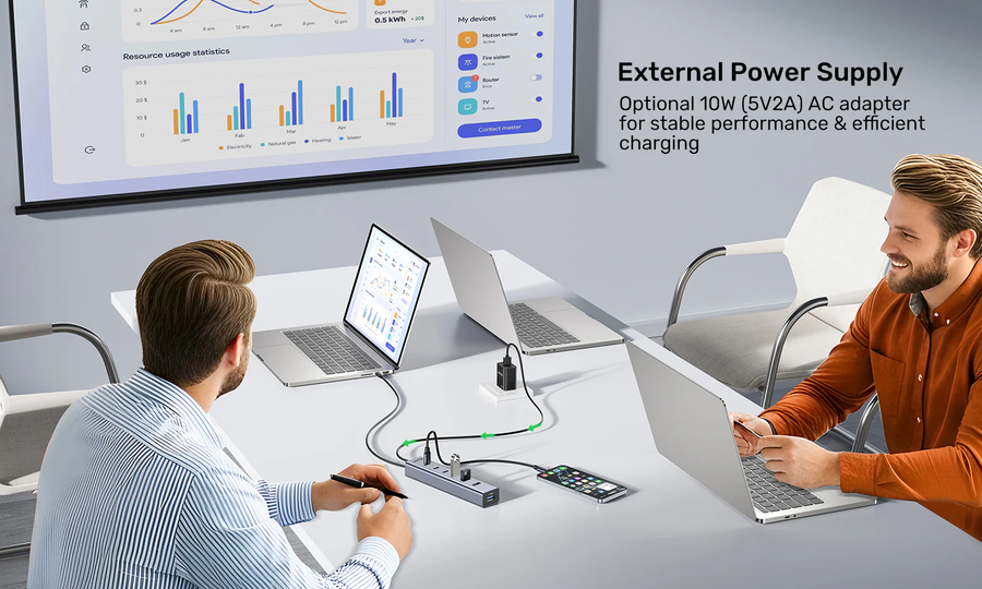 H1335A - UNITEK 7-in-1 Multi-Port Hub with USB-C Connector. Includes 4x USB-A & 3x USB-C Ports. Supports 10Gbps Transfer, Fast Charging, Slim Aluminium Design.