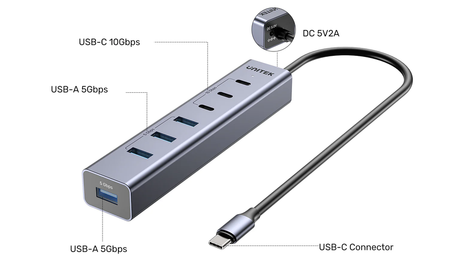 H1335A - UNITEK 7-in-1 Multi-Port Hub with USB-C Connector. Includes 4x USB-A & 3x USB-C Ports. Supports 10Gbps Transfer, Fast Charging, Slim Aluminium Design.