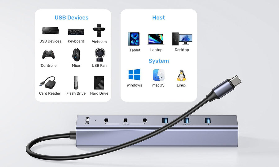 H1335A - UNITEK 7-in-1 Multi-Port Hub with USB-C Connector. Includes 4x USB-A & 3x USB-C Ports. Supports 10Gbps Transfer, Fast Charging, Slim Aluminium Design.