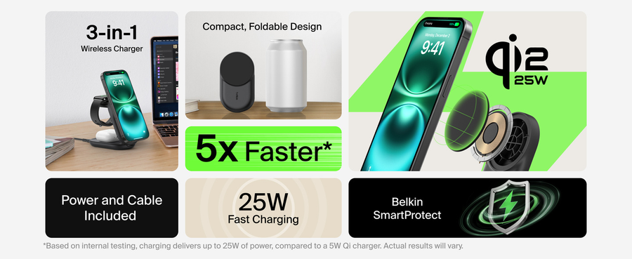 Belkin WIZ037AUBK - UltraCharge 3-in-1 Foldable Magnetic Cha