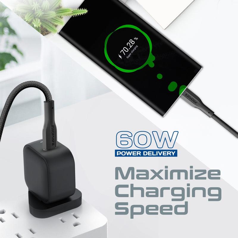 Promate XCORD-CC200-BLK - 2m 60W USB-C to USB-C Super Flexible Cable 3A/20V Supports 3A/20V Charging & 480