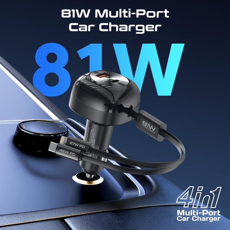 Promate POWERDRIVE-RCI81 - 81W Multi-Port In-Car Phone Charger with Retractable USB-C Lightning Cables. Supports 45W