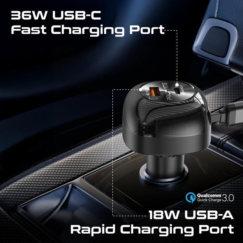 Promate POWERDRIVE-RCI81 - 81W Multi-Port In-Car Phone Charger with Retractable USB-C Lightning Cables. Supports 45W