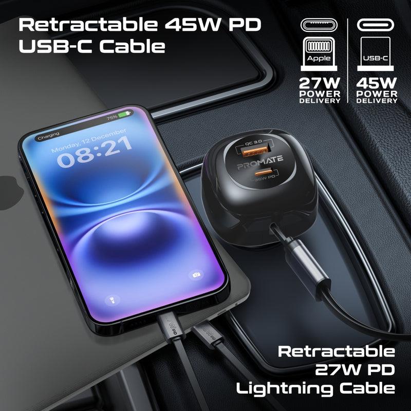 Promate POWERDRIVE-RCI81 - 81W Multi-Port In-Car Phone Charger with Retractable USB-C Lightning Cables. Supports 45W