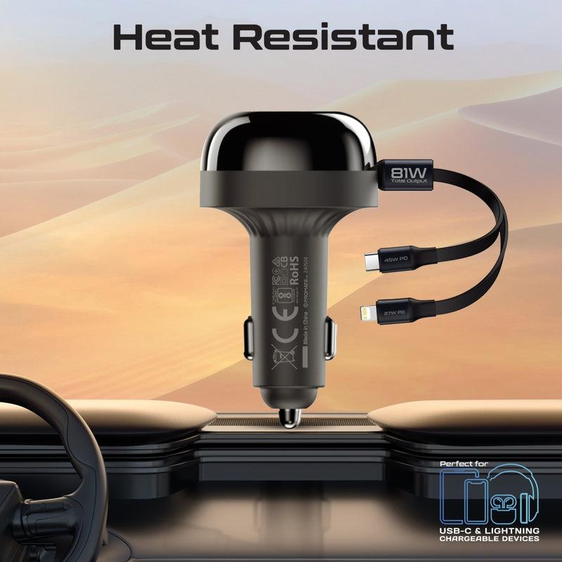 Promate POWERDRIVE-RCI81 - 81W Multi-Port In-Car Phone Charger with Retractable USB-C Lightning Cables. Supports 45W