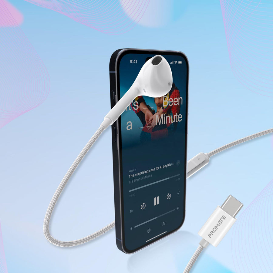 Promate MONOPOD-C-WHT - Mono In-Ear Wired Earphone with USB-C Connector. In-Line Microphone & Volume