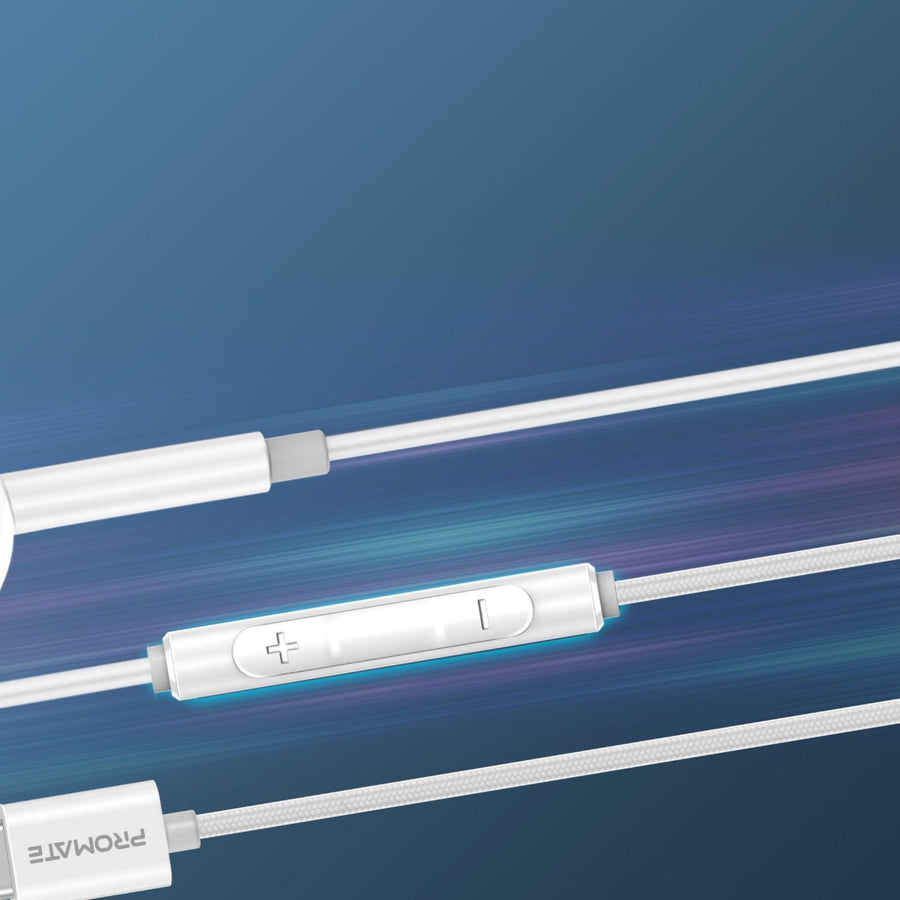 Promate MONOPOD-C-WHT - Mono In-Ear Wired Earphone with USB-C Connector. In-Line Microphone & Volume