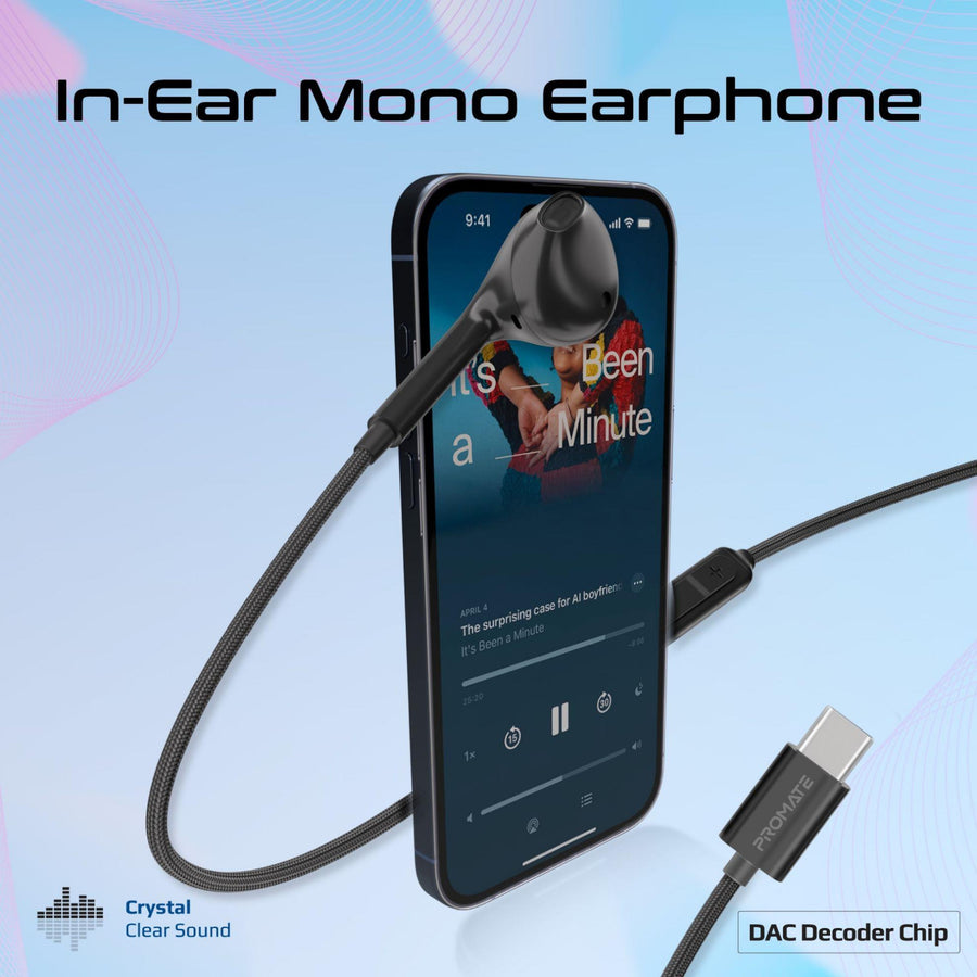 Promate MONOPOD-C-BLK - Mono In-Ear Wired Earphone with USB-C Connector. In-Line Microphone & Volume