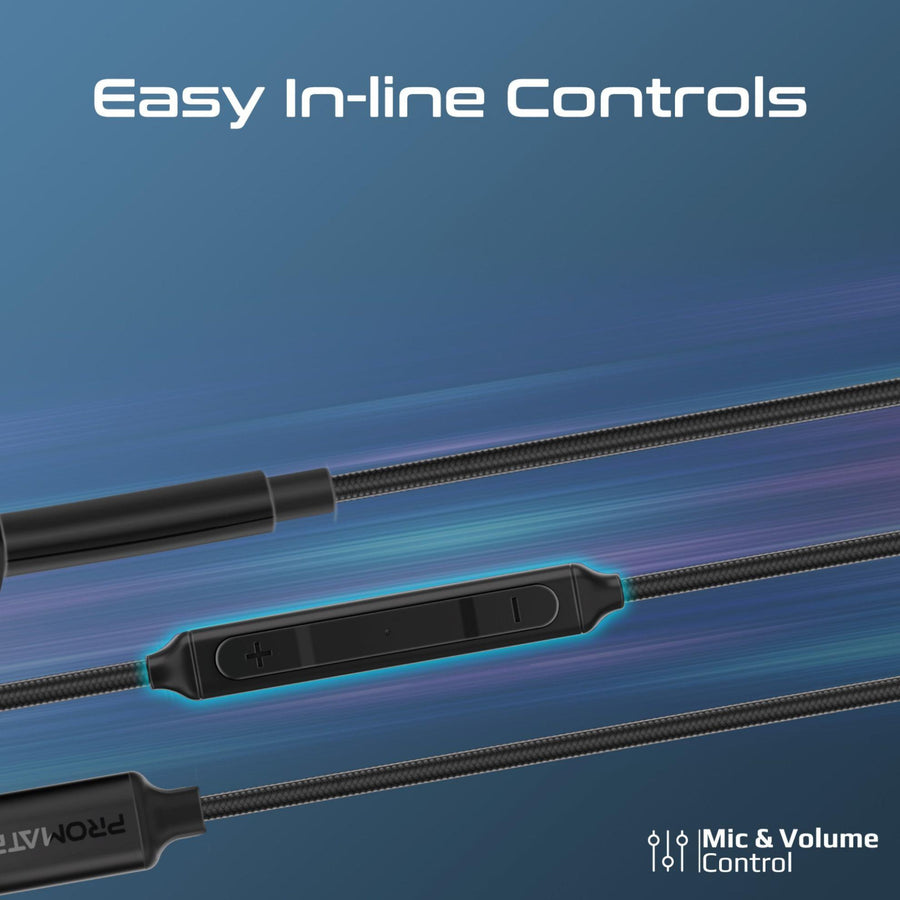 Promate MONOPOD-C-BLK - Mono In-Ear Wired Earphone with USB-C Connector. In-Line Microphone & Volume