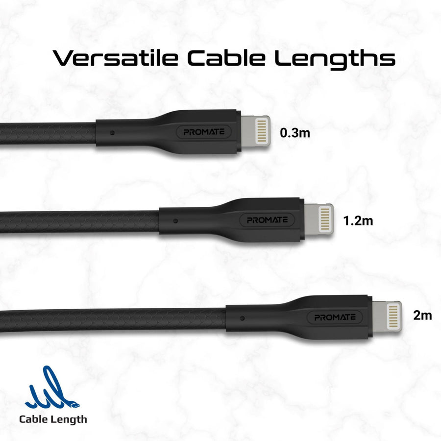 Promate CABLEKIT-CI - 3-Piece 60W PW USB-C to Lightning Cable Kit Includes 0.3M 1.2M & 2M