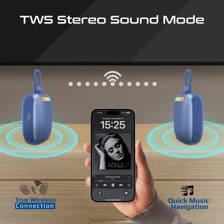 Promate TINGZ-BLUE - 7W Wireless HD Speaker with up to 14 Hours Playing ti IPX6 Water Resistant TWS