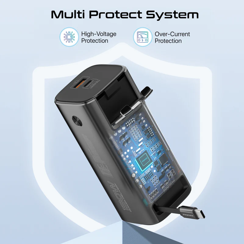 TITAN-130RC - PROMATE 20000mAh 130W Aluminium Power Bank with Rectractable USB-C Cable & LCD Screen. Supports 100W PD, 30W QC 3.0 Port, Built-in Phone Stand.