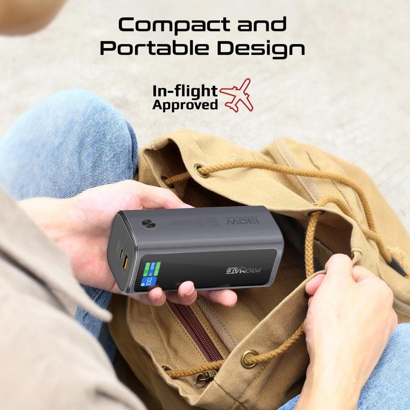 TITAN-130RC - PROMATE 20000mAh 130W Aluminium Power Bank with Rectractable USB-C Cable & LCD Screen. Supports 100W PD, 30W QC 3.0 Port, Built-in Phone Stand.