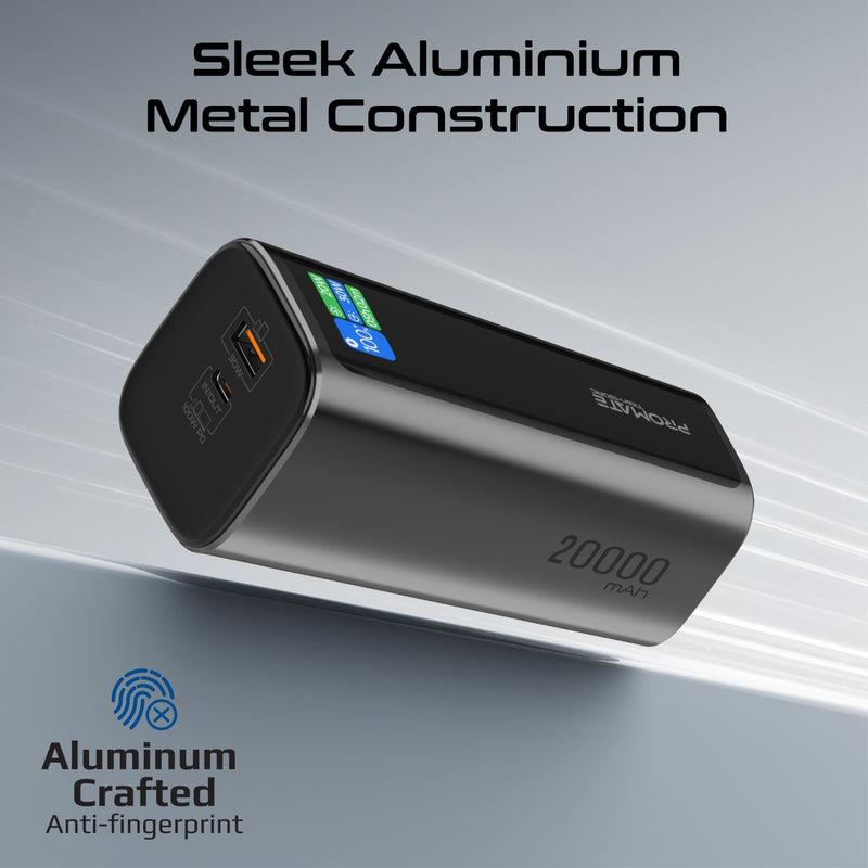 TITAN-130RC - PROMATE 20000mAh 130W Aluminium Power Bank with Rectractable USB-C Cable & LCD Screen. Supports 100W PD, 30W QC 3.0 Port, Built-in Phone Stand.