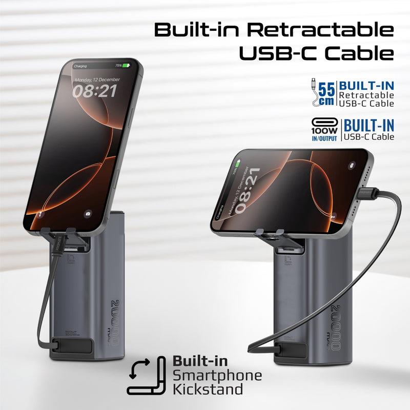 TITAN-130RC - PROMATE 20000mAh 130W Aluminium Power Bank with Rectractable USB-C Cable & LCD Screen. Supports 100W PD, 30W QC 3.0 Port, Built-in Phone Stand.