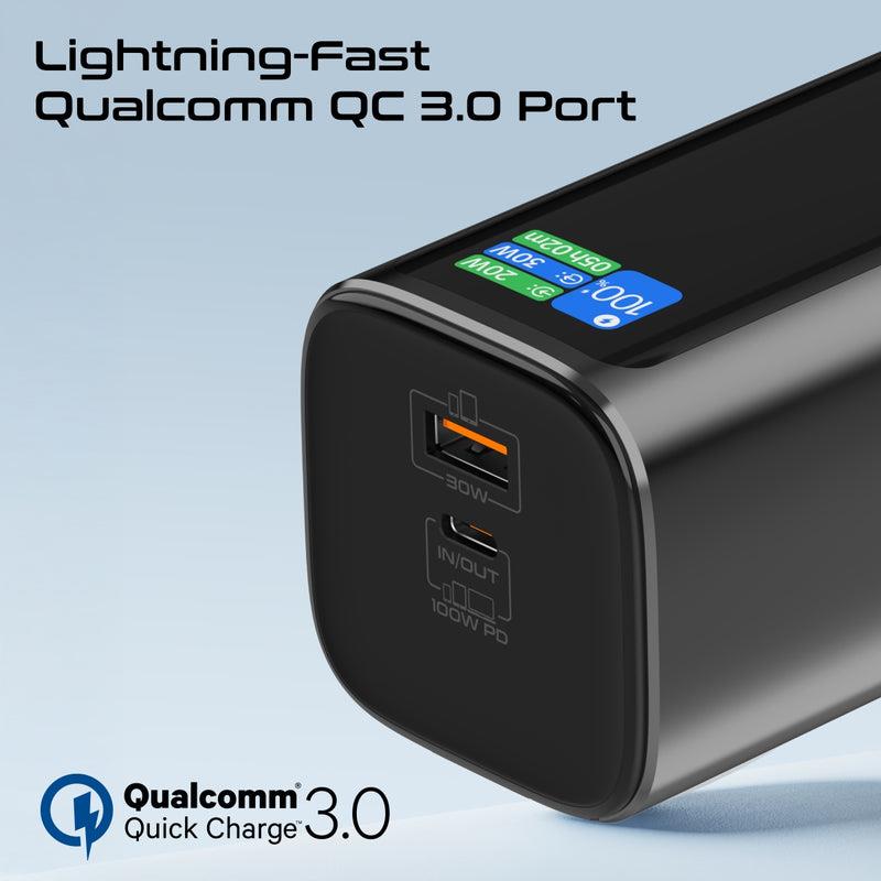 TITAN-130RC - PROMATE 20000mAh 130W Aluminium Power Bank with Rectractable USB-C Cable & LCD Screen. Supports 100W PD, 30W QC 3.0 Port, Built-in Phone Stand.
