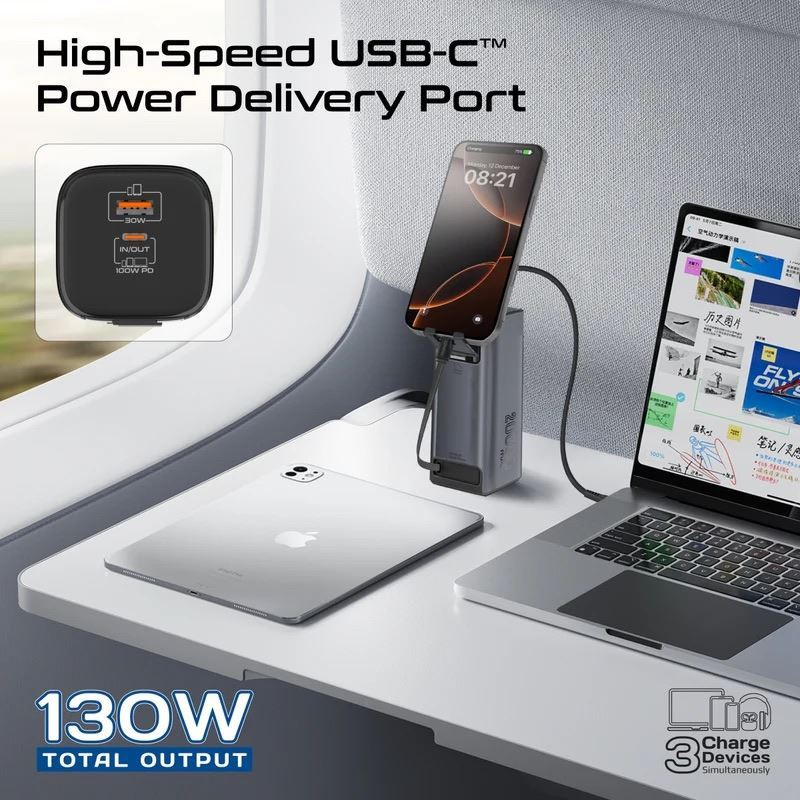 TITAN-130RC - PROMATE 20000mAh 130W Aluminium Power Bank with Rectractable USB-C Cable & LCD Screen. Supports 100W PD, 30W QC 3.0 Port, Built-in Phone Stand.