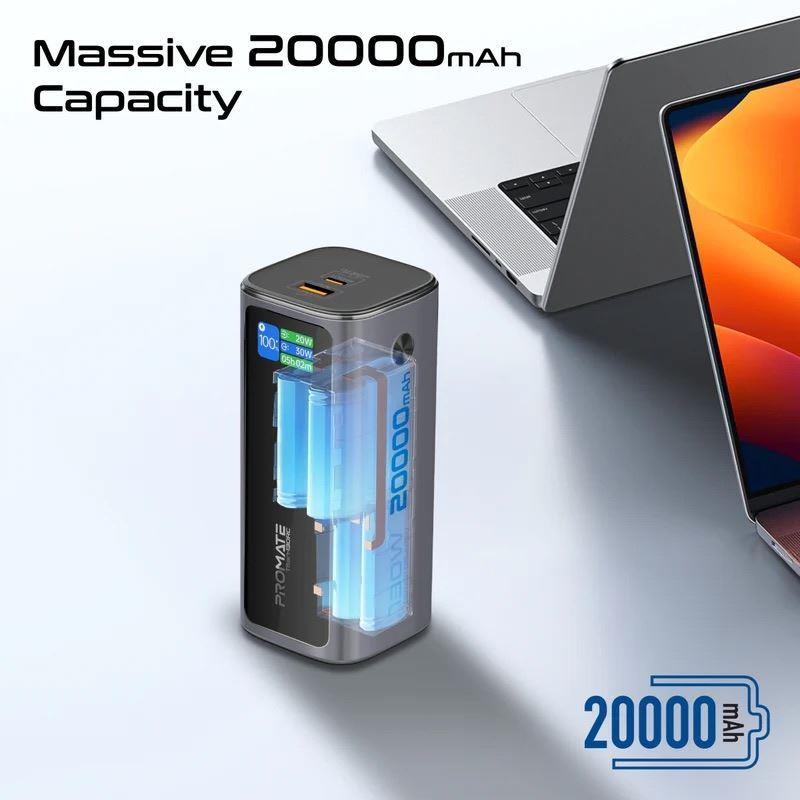 TITAN-130RC - PROMATE 20000mAh 130W Aluminium Power Bank with Rectractable USB-C Cable & LCD Screen. Supports 100W PD, 30W QC 3.0 Port, Built-in Phone Stand.