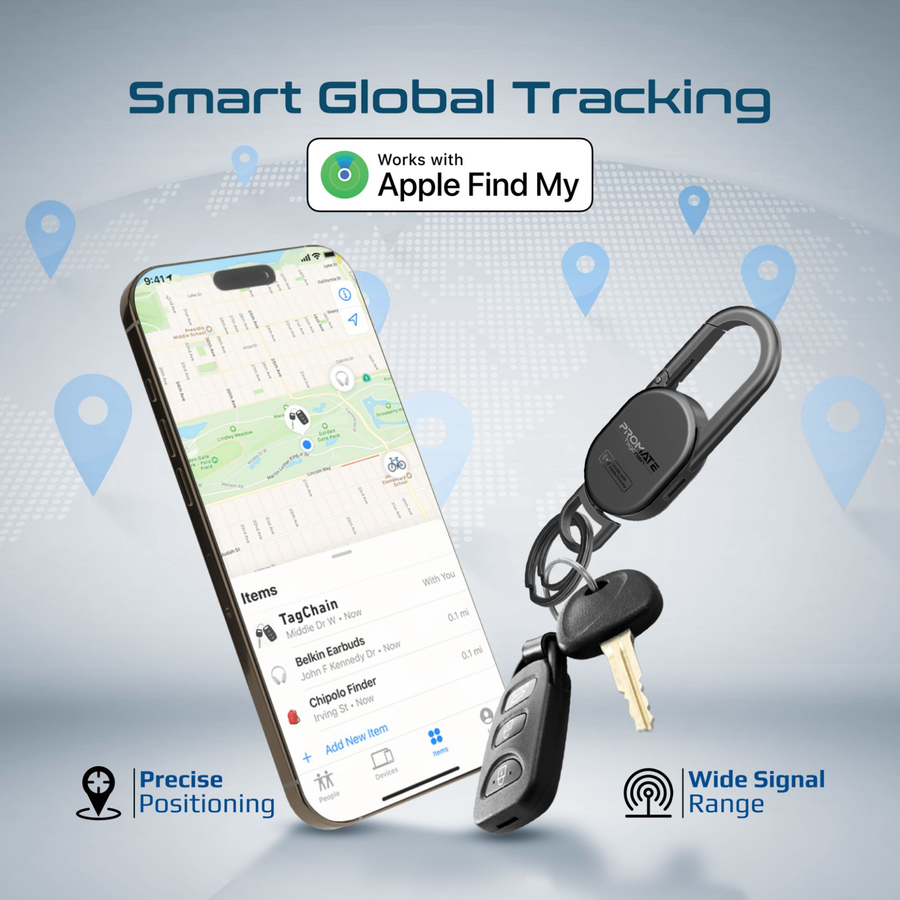 Promate TAGCHAIN-BLK - Smart Carabiner Keychain with Apple Find my Location. Rechargable Battery Precise