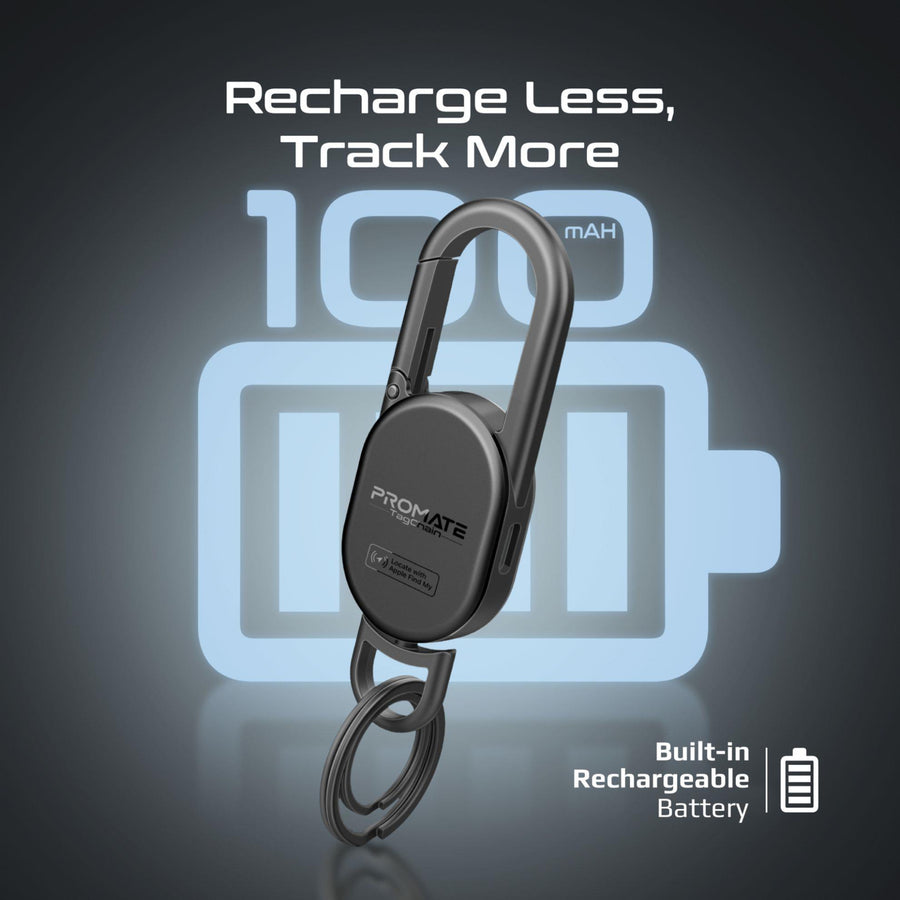 Promate TAGCHAIN-BLK - Smart Carabiner Keychain with Apple Find my Location. Rechargable Battery Precise
