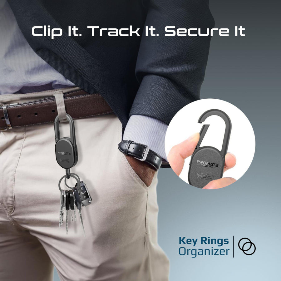 Promate TAGCHAIN-BLK - Smart Carabiner Keychain with Apple Find my Location. Rechargable Battery Precise