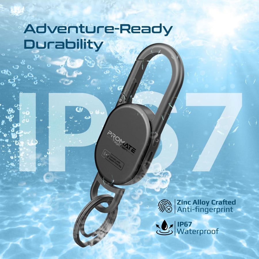 Promate TAGCHAIN-BLK - Smart Carabiner Keychain with Apple Find my Location. Rechargable Battery Precise