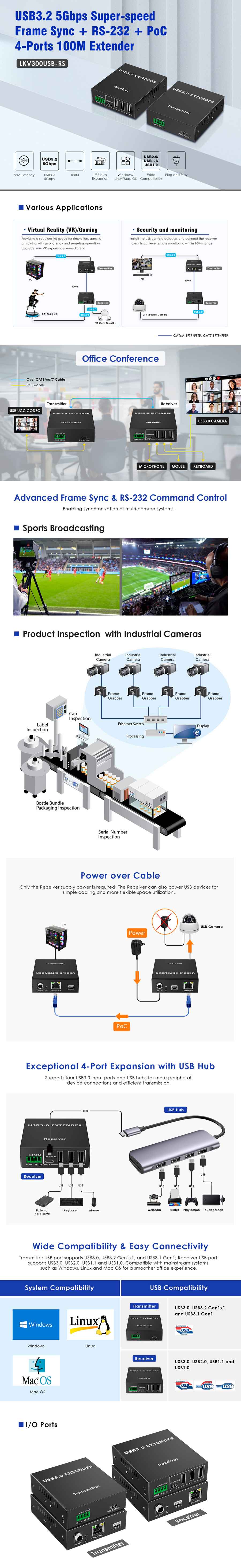 LENKENG LKV300USB - 4-Port USB-A 3.0 Extender Over Cat5e/6/7 Network Cable. Extend up to 90m (Cat6a)
