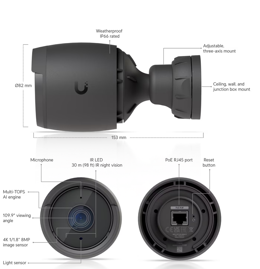 Ubiquiti UVC-G6-BULLET-B - UniFi G6 8-Megapixel Bullet Camera All-weather 4K PoE Multi-TOPS AI Engine Black