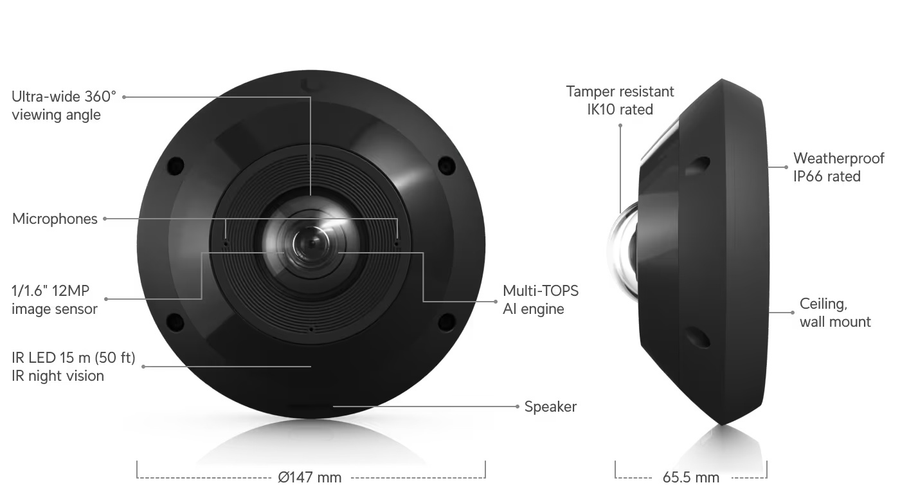 UVC-G6-Pro-360-B - Ubiquiti UniFi G6 Pro 360 Black All-weather Vandal-resistant 12MP 360° PoE Camera